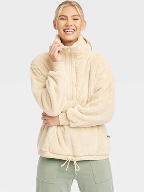 JoyLab Cream Sherpa Quarter-Zip Teddy Jacket
